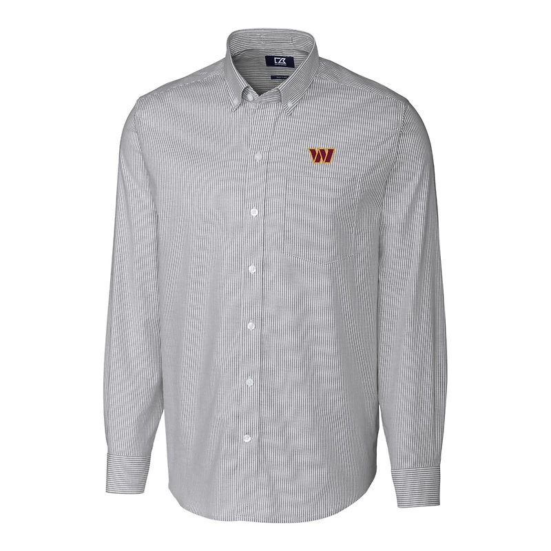 Chemise boutonnée à manches longues et rayures extensibles en oxford pour homme, couleur anthracite, style Washington Commanders.