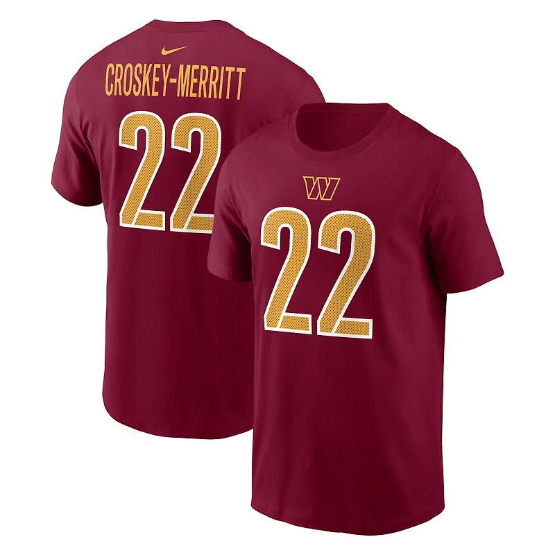 T-shirt Nike Jacory Croskey-Merritt bordeaux pour homme, avec nom et numéro de joueur des Washington Commanders
