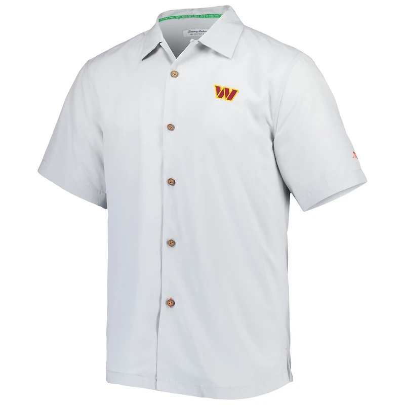 Men's Tommy Bahama Gray Washington Commanders Coconut Point Frondly Fan Camp IslandZone Button-Up Shirt