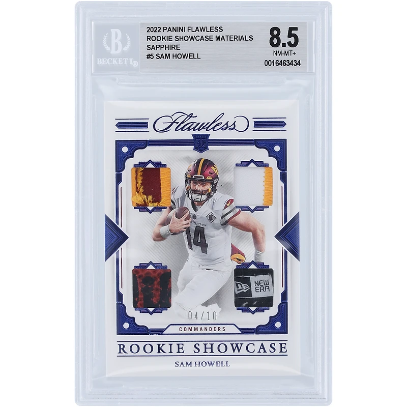Carte recrue authentifiée 8,5 BGS Sam Howell Washington Commanders 2022 Panini Flawless Quad Relic Sapphire #RS-SH #4/10