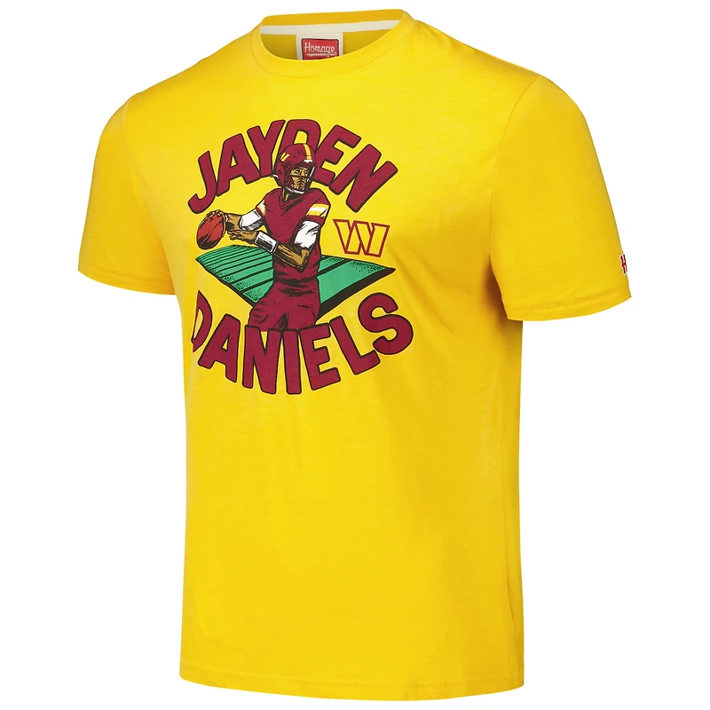 T-shirt unisexe en mélange de trois matières, hommage à Jayden Daniels, joueur des Washington Commanders, or, caricature.