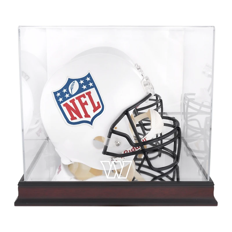 Vitrine de présentation du casque avec logo de l'équipe Washington Commanders en acajou