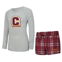 Ensemble pyjama pour femme Concepts Sport Heather Gray/Bordeaux Washington Commanders Regulate à carreaux, composé d'un t-shirt manches longues et short.