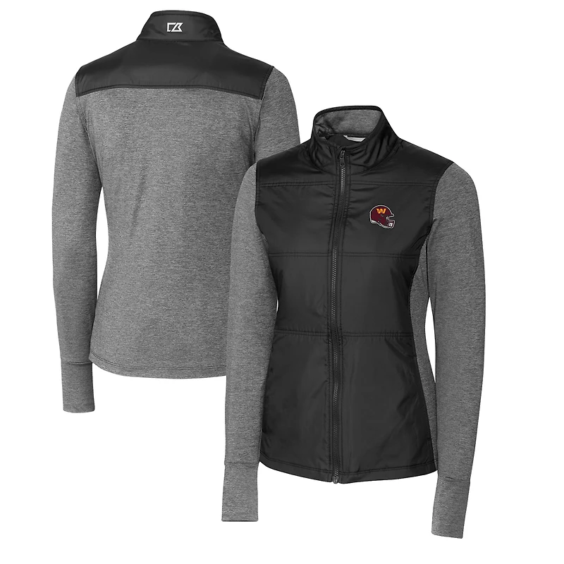 Coupe-vent matelassé hybride DryTec Stealth pour femme, noir, avec logo du casque des Washington Commanders, et fermeture éclair intégrale.