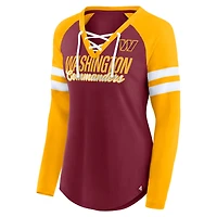 T-shirt emblématique à manches longues et col en V lacets raglan pour femmes Fanatics bordeaux/or Washington Commanders