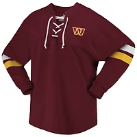 T-shirt à manches longues et col en V lacets Fanatics pour femmes bordeaux Washington Commanders Spirit jersey
