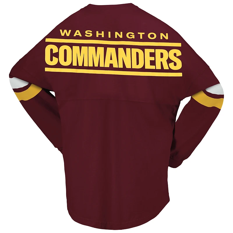 T-shirt à manches longues et col en V lacets Fanatics pour femmes bordeaux Washington Commanders Spirit jersey