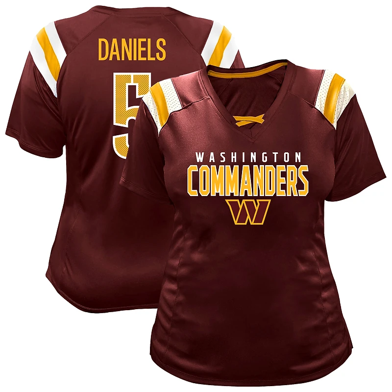 Women's Fanatics Jayden Daniels Burgundy Washington Commanders Plus Name & Number Raglan Lace V-Neck T-Shirt