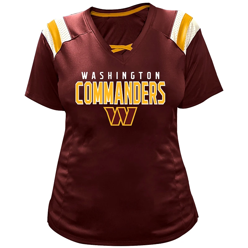 Women's Fanatics Jayden Daniels Burgundy Washington Commanders Plus Name & Number Raglan Lace V-Neck T-Shirt