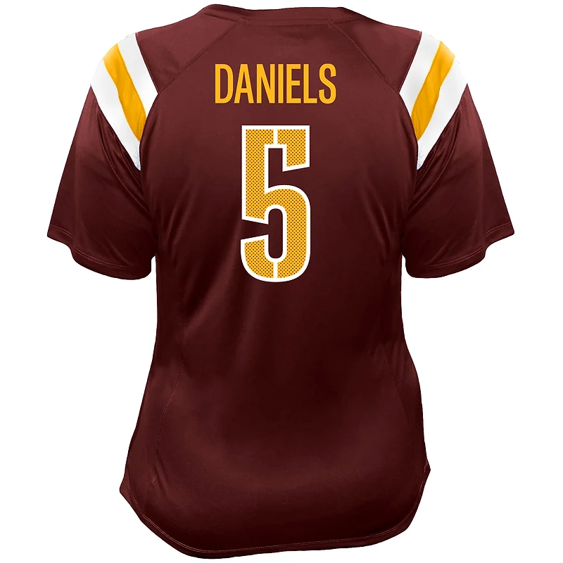 Women's Fanatics Jayden Daniels Burgundy Washington Commanders Plus Name & Number Raglan Lace V-Neck T-Shirt