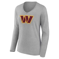 Women's  Gray Washington Commanders Primary Logo Long Sleeve V-Neck T-Shirt