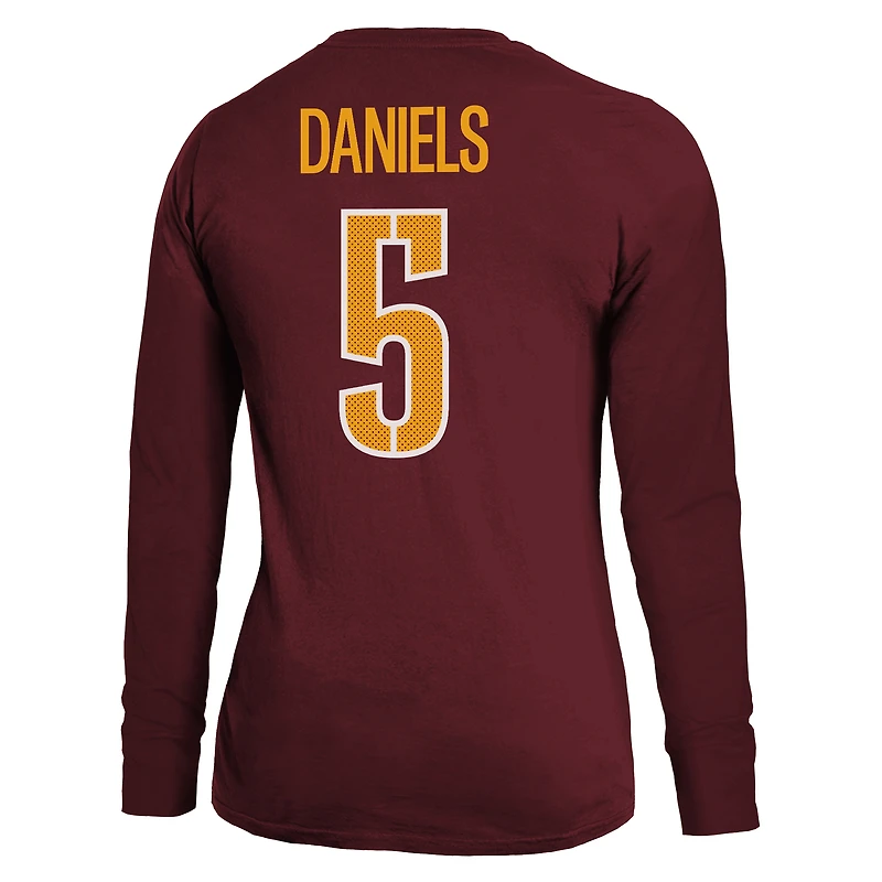 T-shirt à manches longues pour femme Majestic Threads Jayden Daniels Bordeaux Washington Commanders avec nom et numéro de joueur