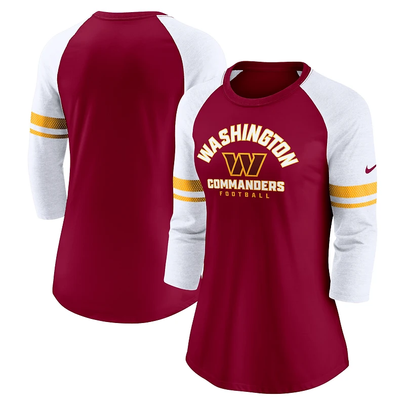T-shirt raglan à manches 3/4 Nike Washington Commanders Fashion pour femme, bourgogne
