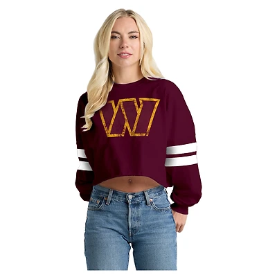 T-shirt à manches longues rayé oversize court en jersey bordeaux pour femme, Washington Commanders