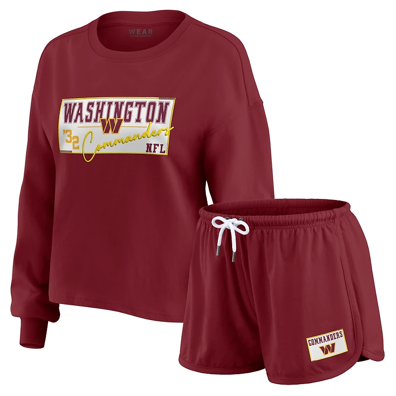 Women's WEAR by Erin Andrews Burgundy Washington Commanders Heavy Rugby Jersey Long Sleeve T-Shirt & Shorts Lounge Set