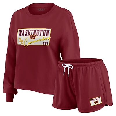 Women's WEAR by Erin Andrews Burgundy Washington Commanders Heavy Rugby Jersey Long Sleeve T-Shirt & Shorts Lounge Set