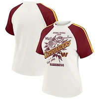 Women's WEAR by Erin Andrews White Washington Commanders Sleeve Stripe Distressed Raglan T-Shirt