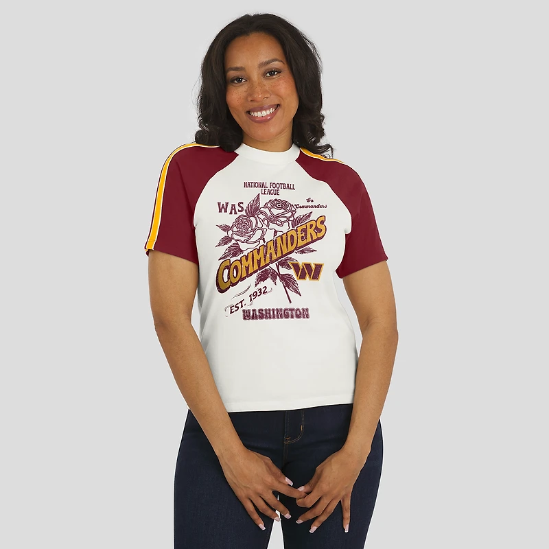 Women's WEAR by Erin Andrews White Washington Commanders Sleeve Stripe Distressed Raglan T-Shirt