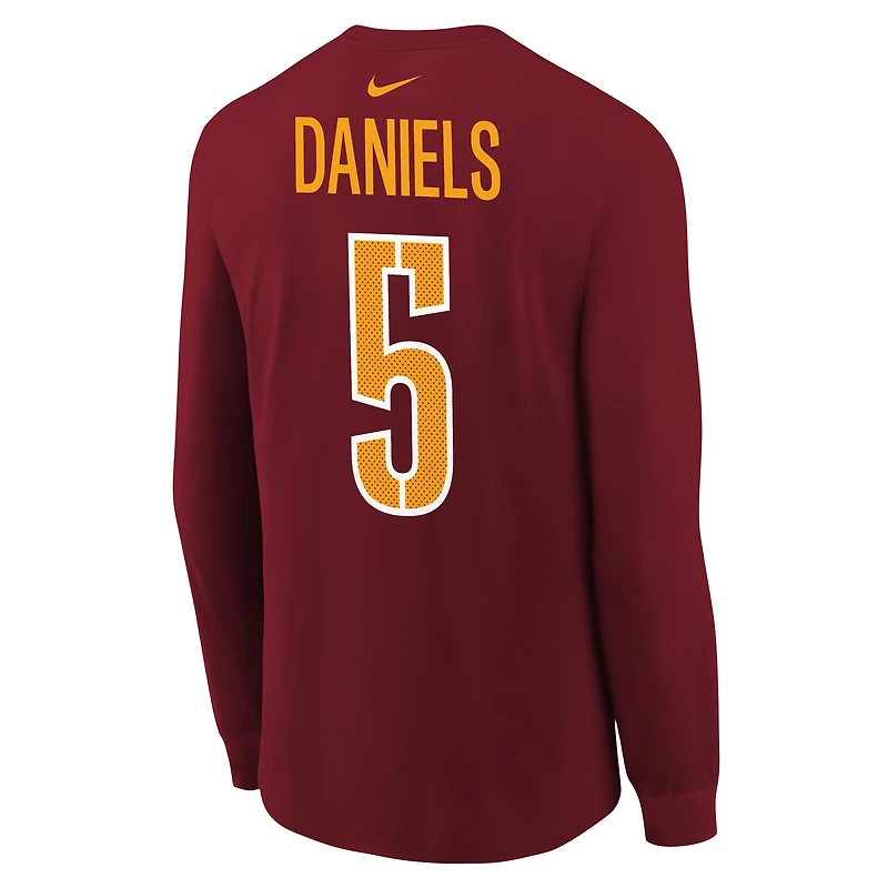 T-shirt à manches longues Nike pour jeune Jayden Daniels, bordeaux, avec nom et numéro du joueur des Washington Commanders