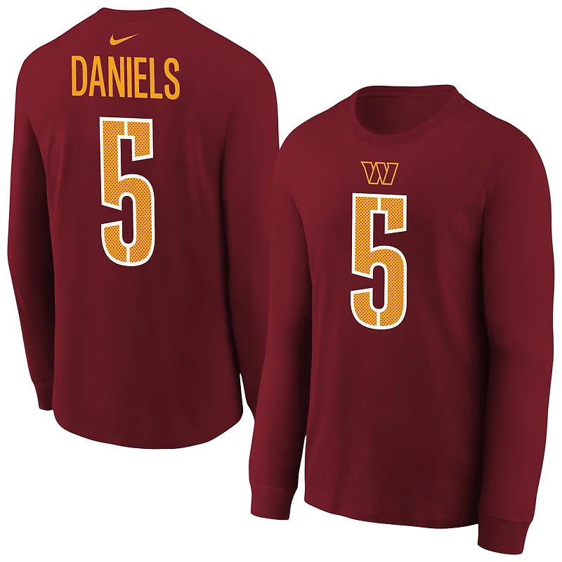T-shirt à manches longues Nike pour jeune Jayden Daniels, bordeaux, avec nom et numéro du joueur des Washington Commanders