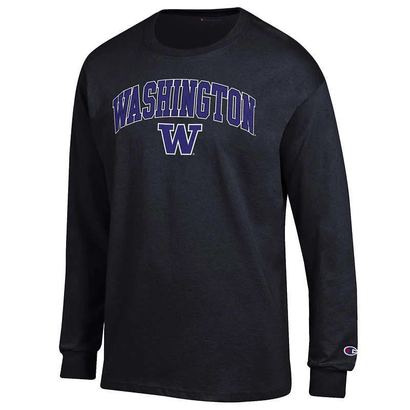 T-shirt à manches longues avec logo Arch Over Champion Black Washington Huskies pour homme