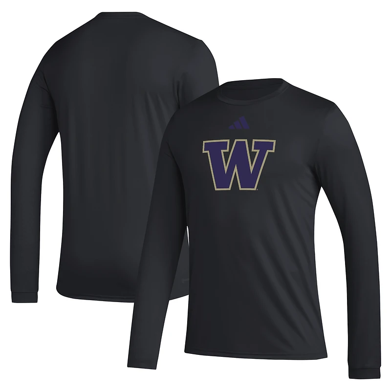 T-shirt d'avant-match noir à manches longues avec logo de casier principal des Washington Huskies adidas pour hommes