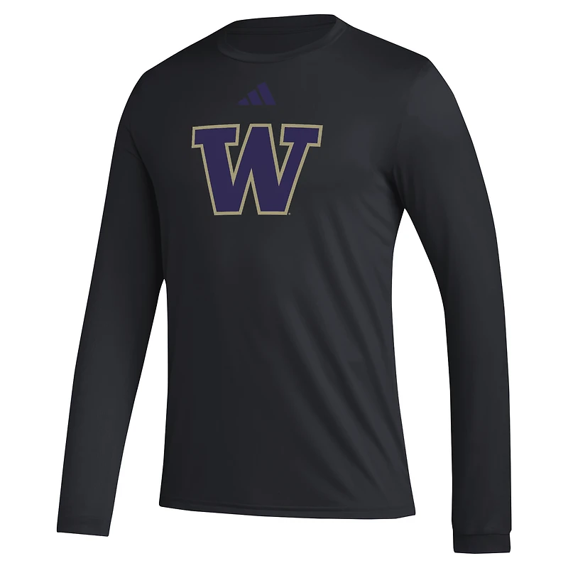 T-shirt d'avant-match noir à manches longues avec logo de casier principal des Washington Huskies adidas pour hommes