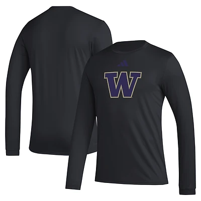 T-shirt d'avant-match noir à manches longues avec logo de casier principal des Washington Huskies adidas pour hommes