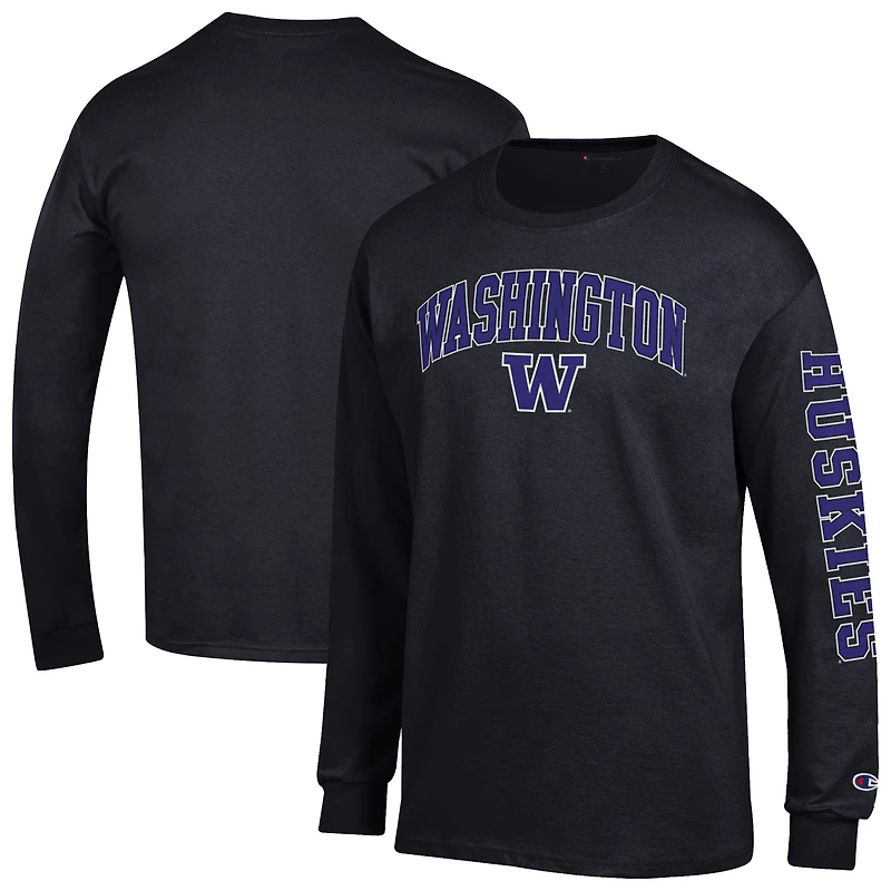 T-shirt à manches longues noir Champion Washington Huskies pour homme avec logo Arch Over 2-Hit