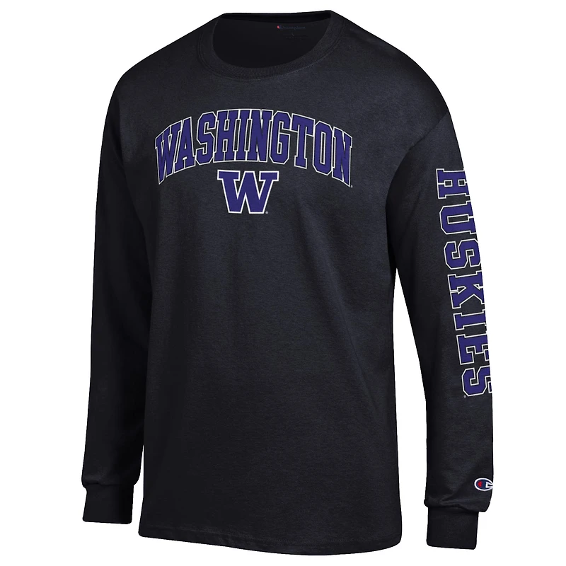 T-shirt à manches longues noir Champion Washington Huskies pour homme avec logo Arch Over 2-Hit