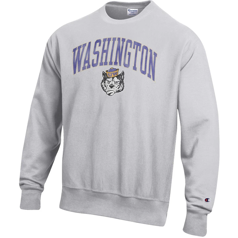 Men's Champion Gray Washington Huskies Distressed Arch Over Logo Reverse Weave Crew Neck Sweatshirt