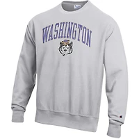 Men's Champion Gray Washington Huskies Distressed Arch Over Logo Reverse Weave Crew Neck Sweatshirt