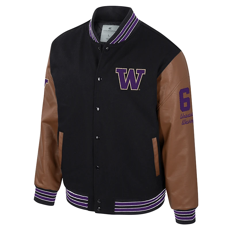 Veste universitaire à boutons-pression complète Washington Huskies Letterman Colosseum noire pour homme