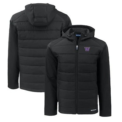 Sweat à capuche zippé entièrement recyclé en softshell hybride Evoke pour homme, coupeur et buck, noir, Washington Huskies, grandes tailles