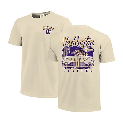 Men's Image One  Natural Washington Huskies Comfort Colors Hand-Drawn Campus Stack T-Shirt