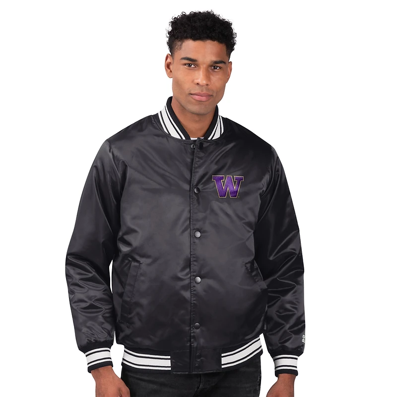 Veste de survêtement noire à boutons-pression pour homme des Washington Huskies Core Satin Varsity