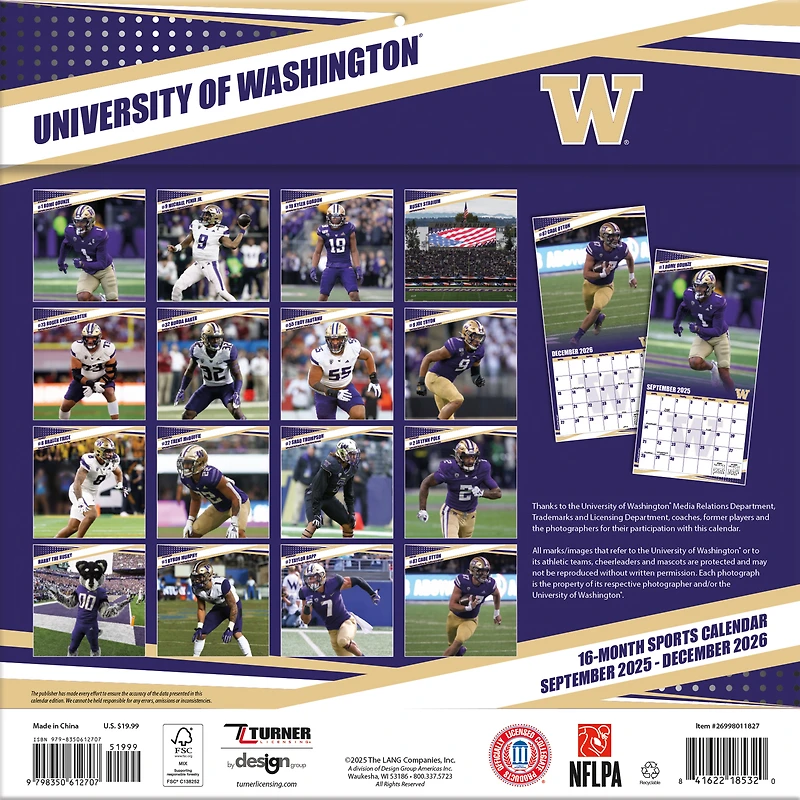 Calendrier mural 2026 des Washington Huskies (12 po x 12 po)