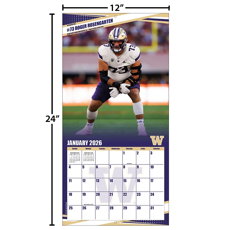 Calendrier mural 2026 des Washington Huskies (12 po x 12 po)