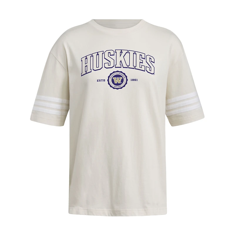Women's adidas Cream Washington Huskies Fashion Three-Stripes Oversized T-Shirt
