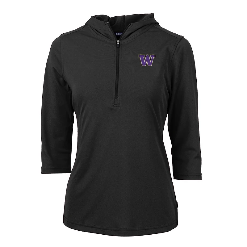 Women's Cutter & Buck Black Washington Huskies Virtue Eco Pique 3/4 Sleeve Half-Zip Pullover Hoodie