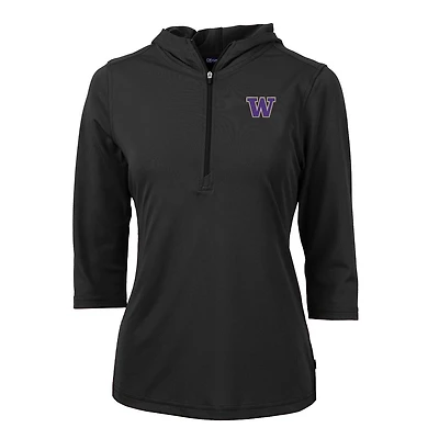 Women's Cutter & Buck Black Washington Huskies Virtue Eco Pique 3/4 Sleeve Half-Zip Pullover Hoodie