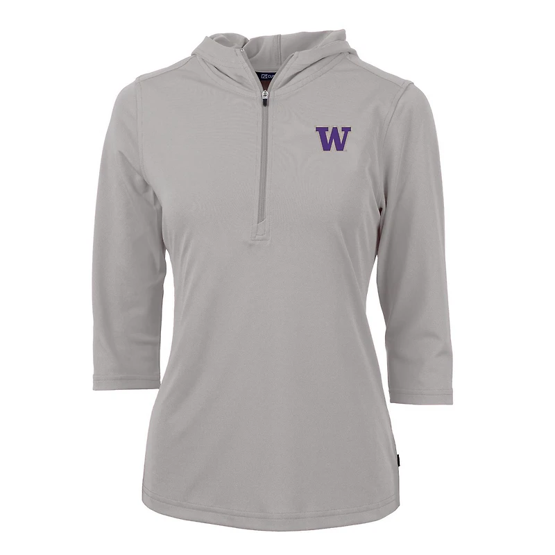 Sweat à capuche demi-zippé Virtue Eco Pique manches 3/4 pour femme, gris, Cutter & Buck, Washington Huskies
