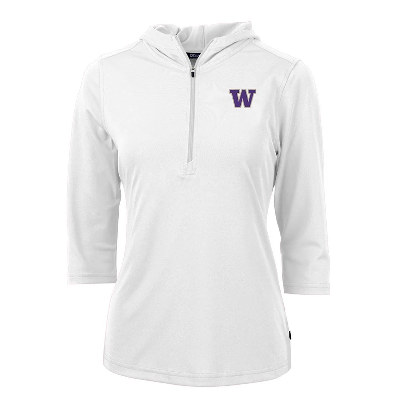 Sweat à capuche manches 3/4 et demi-zip pour femme, blanc, Cutter & Buck, Washington Huskies, Virtue Eco Pique