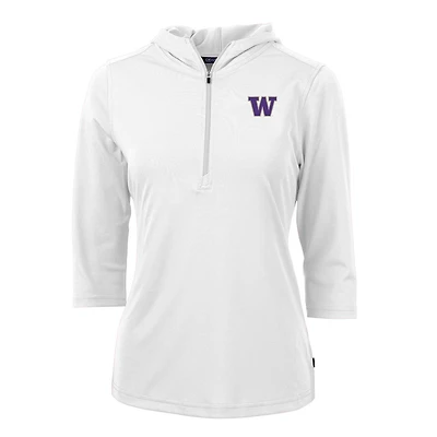 Sweat à capuche manches 3/4 et demi-zip pour femme, blanc, Cutter & Buck, Washington Huskies, Virtue Eco Pique