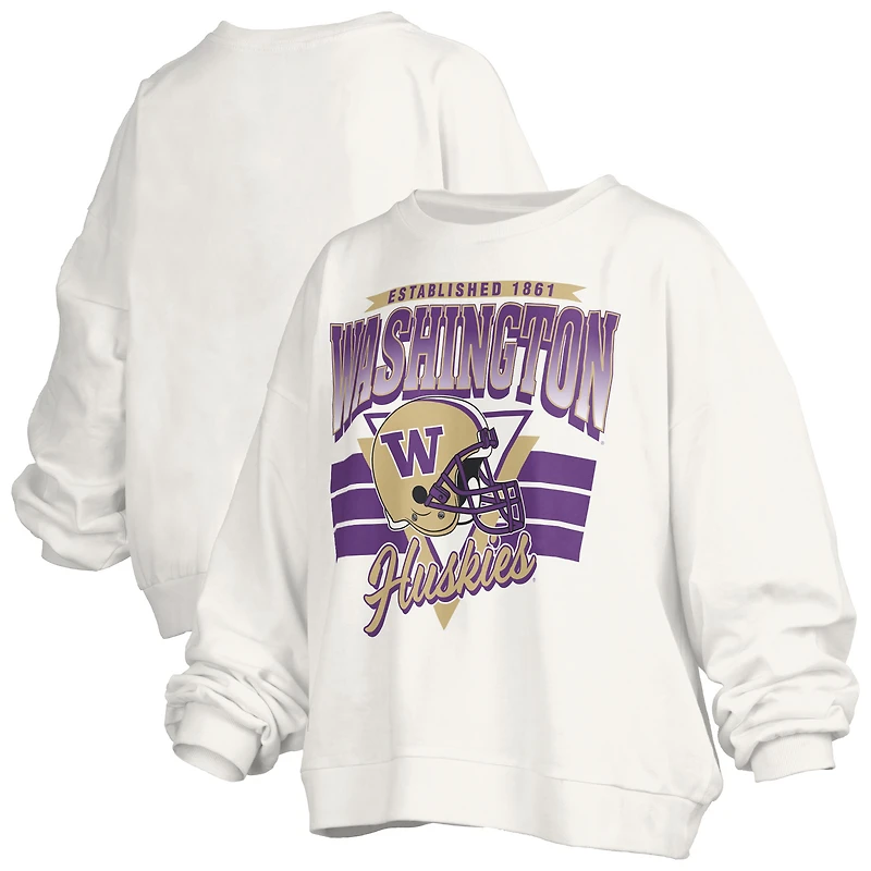 Women's Pressbox White Washington Huskies Oversized Janice Retro Waist-Length Pullover Sweatshirt