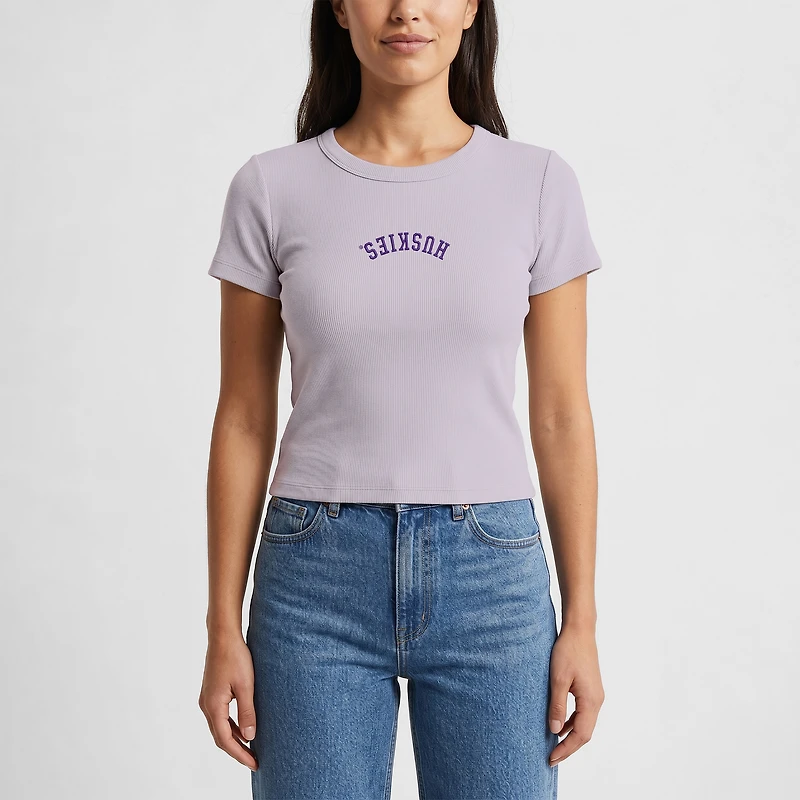 Women's Uscape Apparel Purple Washington Huskies Upside Down Embroidery Ribbed Cropped T-Shirt