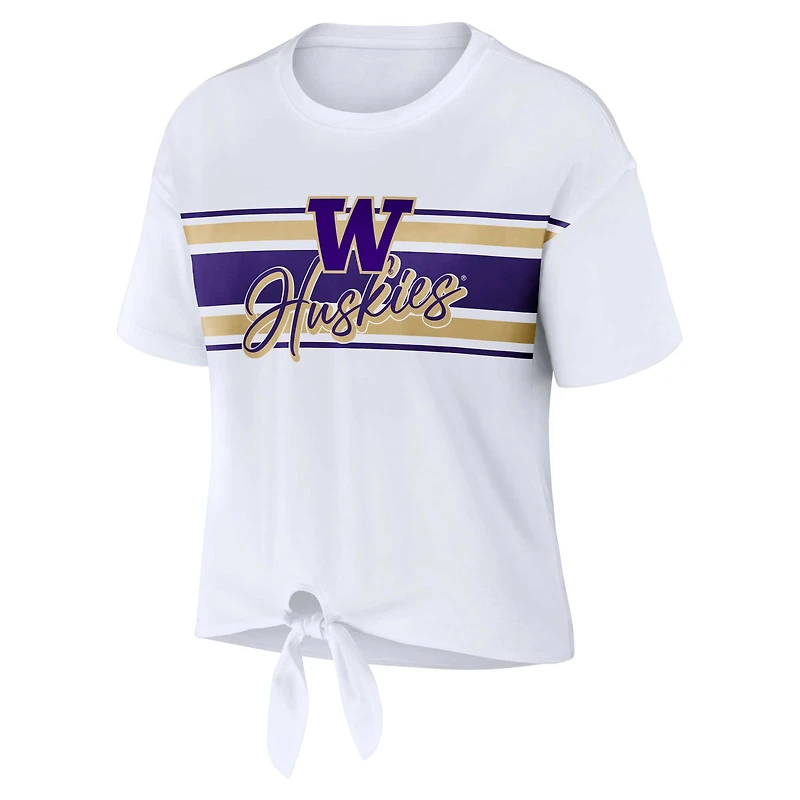 Women's WEAR by Erin Andrews White Washington Huskies Striped Front Knot Cropped T-Shirt