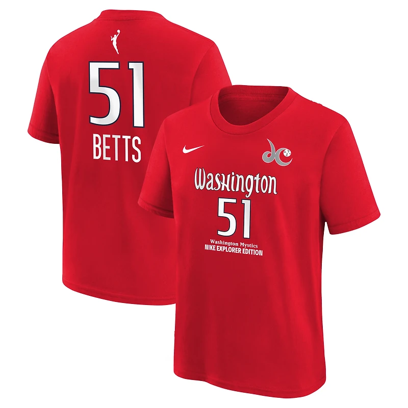 T-shirt Nike Lauren Betts rouge Washington Mystics Explorer Edition pour enfant, avec nom et numéro