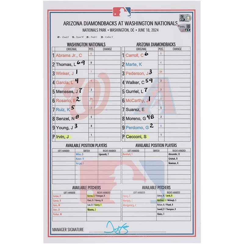  Washington Nationals Game-Used Lineup Card vs. Arizona Diamondbacks on June 18, 2024