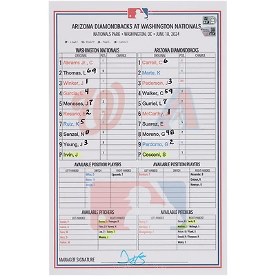  Washington Nationals Game-Used Lineup Card vs. Arizona Diamondbacks on June 18, 2024